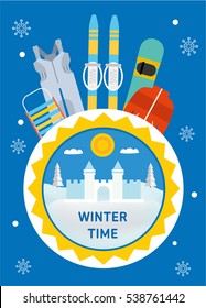 Winter time. Concept banner template. Sled, overalls, ski, snowboard, jacket - children's winter outfit. Flat style illustration