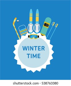 Winter time. Concept banner template. Hockey stick, sled, ski, snowboard - kids winter gear. Flat style illustration