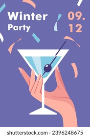 Winter time. Concept of celebration, party, vacation and travel. Female hand with a martini glass. Vector illustrations for mobile and web graphics.