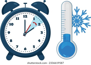 winter time concept. The clock hand moves back an hour and a thermometer with a decrease is nearby