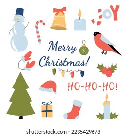 Winter time concept isolated elements set.  warm clothes, bullfinch, snowman, bell, candle, tree. Vector illustration in flat cartoon design