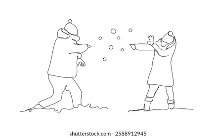 Winter time concept. One continuous line drawing of  children play snowball fight winter game in the mountains throwing snow and wearing ski outfit. Hand made vector not Al