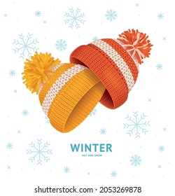 Winter Time Concept with Realistic Detailed 3d Knitted Hats with Pompons and Thin Line Icons . Vector illustration