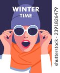 Winter time. Concept of vacation, party and travel. Face of surprised, beautiful woman with scarf, winter hat and sunglasses. Vector illustration for mobile and web graphics.