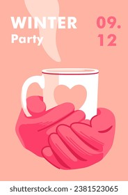 Winter time. Concept of vacation, party and travel. Female hands in knitted gloves holding a cup of coffee or tea. Warming hands by mug of hot drink.Vector illustration.