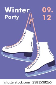 Winter time. Concept of vacation, party and travel. Pair of white Ice skates. Women's white skates hang on a nail. Winter sports. Vector illustration.