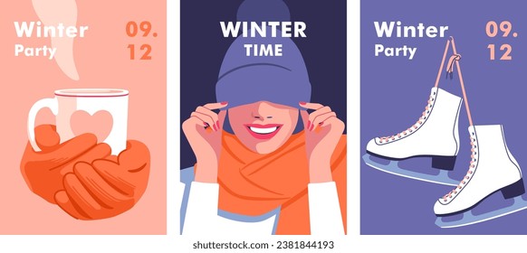 Winter time. Concept of vacation, party and travel. Female hands in knitted gloves holding a cup of coffee or tea. Woman hidden eyes by hat and laughs. Pair of white Ice skates. Vector illustration.