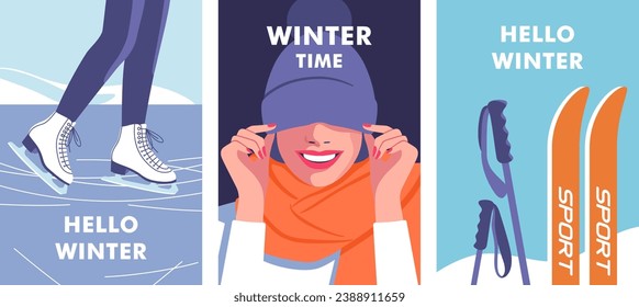 Winter time. Concept of vacation, party and travel. Skis and poles in the snow. Woman hidden eyes by hat and laughs. Woman skates on ice rink. Vector illustration.