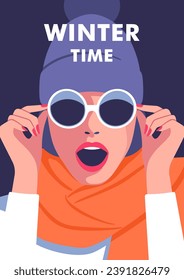 Winter time. Concept of vacation, party and travel. Face of surprised, beautiful woman with scarf, winter hat and sunglasses. Vector illustration for mobile and web graphics.