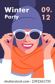 Winter time. Concept of vacation, party and travel. Stylized smiling face of beautiful woman with scarf, winter hat and sunglasses. Vector illustration for mobile and web graphics.