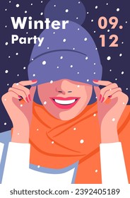 Winter time. Concept of vacation, party and travel. Stylized smiling face of beautiful woman with scarf, winter hat. Woman hidden eyes by hat and laughs. Vector illustration.