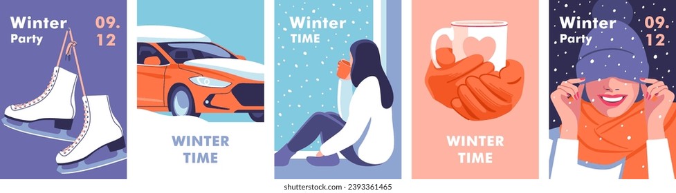 Winter time. Concept of vacation, party and travel. Vector illustrations for mobile and web graphics.