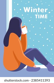 Winter time. Concept of vacation and travel. Young woman drinks coffee sitting on a windowsill. Vector illustration for mobile and web graphics.