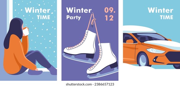 Hora de invierno. Concepto de vacaciones y viajes. El auto está parado en una deriva de nieve, cubierto de nieve. Par de patines de hielo blancos. Mujer joven bebe café sentado en una ventana. Ilustración vectorial.