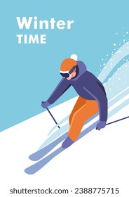 Winter time. Concept of vacation and travel. Active winter holidays, skiing downhill. Skier on the piste. Vector illustration for mobile and web graphics.