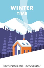 Winter time. Concept of vacation and travel. Winter landscape with house on a background forest and of snowy mountains. Vector illustration.