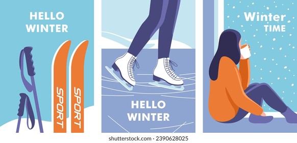 Winter time. Concept of vacation and travel. Skis and poles in the snow. Woman skates on ice rink. Young woman drinks coffee sitting on a windowsill. Vector illustration.