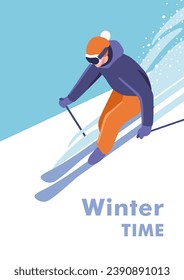 Winter time. Concept of vacation and travel. Active winter holidays, skiing downhill. Skier on the piste. Vector illustration for mobile and web graphics.