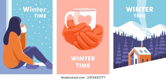 Winter time. Concept of vacation and travel. Young woman sitting on a windowsill. Female hands in knitted gloves holding a cup of hot drink. Winter landscape with house. Vector illustration.