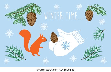 Winter time. Cones, spruce and pine spruce, squirrel. Hand drawing. Merry Christmas. Happy New Year. Vector illustration.