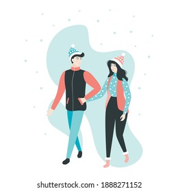 Winter time. Couple holding hands. Happy people walking and performing outdoor activities. Winter mood flat concept. Happy Valentine's Day. Vector illustration.