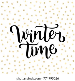 Winter time custom white lettering text on white background with golden stars, vector illustration. Calligraphy for logo, invitation, poster, decoration and postcards. Simple style brush script.