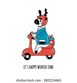 Winter time with a cute character-a deer on a scooter with a gift.a message with a vector illustration in the style of a cartoon with an image of an animal.For children's posters, t-shirt designs, and