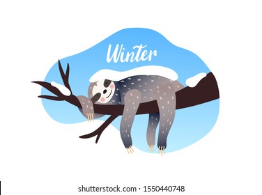 Winter time. Cute lazy sloth sleeping on a branch of the tree under the snow. Winter type lettering. Vector calligraphy. Cartoon style, vector illustration. Winter time quote lettering.