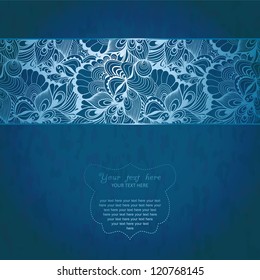 Winter time decoration, invitation card on grunge background with lace ornament. Template frame design for card in cold winter theme. Useful for packaging, invitations, decoration, bag template, etc