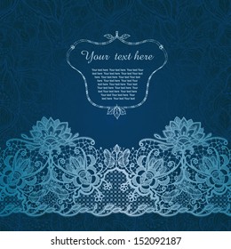 Winter time decoration, invitation card on background with lace ornament. Template frame design for card in cold winter theme. Useful for packaging, invitations, decoration, bag template, etc