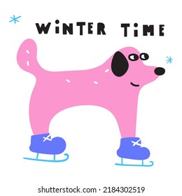 Hora de invierno. A los perros les encanta patinar sobre hielo. Ilustración vectorial plana sobre fondo blanco. 