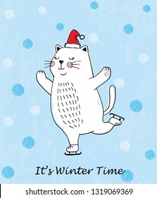 It’s Winter Time. Doodle vector illustration of funny skating white cat with snow