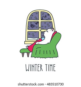 Winter time. Doodle vector illustration of cute white cat sleeping on a chair at home in winter