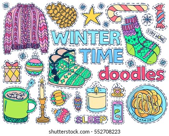 Winter time doodles set. December, january, february cold season. Cozy home sketch elements like socks, candles, coffee, sweets, Christmas tree balls. Vector for web or printed products.