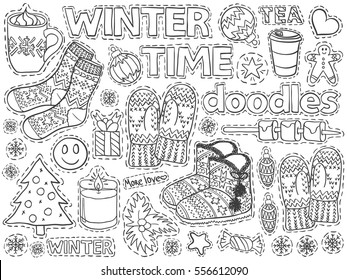 Winter time doodles set. December, january, february cold season. Cozy home sketch elements like socks, candles, coffee, sweets, Christmas tree balls. Vector for web or printed products.