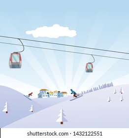 Winter time, Flat Style Beautiful Alps Landscape Illustration, snowy mountains, with skiers on slope of the hills vector