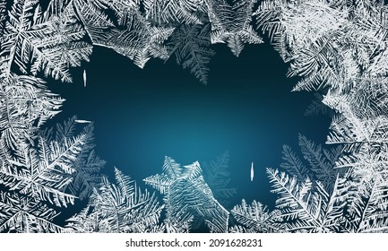 Winter Time. Frost On The Window Like Christmas Flower Poinsettia. Frozen Window Background With Hoarfrost Patterns Can Be Used For Christmas Sale Or New Year Party Leaflet. Vector EPS10.