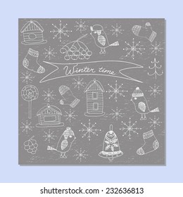 Winter time greeting card with hand drawn doodle bird, mitten, sock, new year tree, cone, lollypop, bell and bird house and snowflakes on grunge background in grey and white