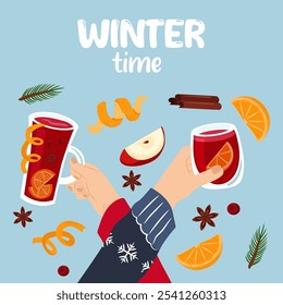 Winter time greeting card. Hands with a mug of mulled wine. Vector template.