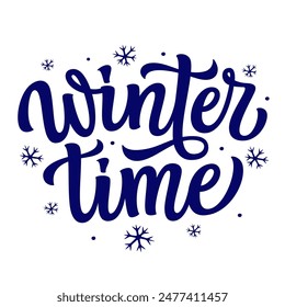 Winter time. Hand lettering blue text with snowflakes isolated on white background. Vector typography for posters, banners, cards, mugs, home decor