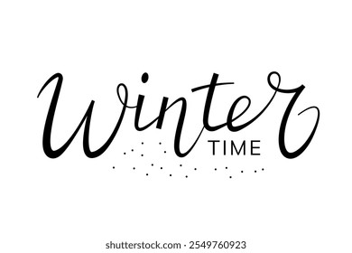 Letras escritas a mano con puntos "Tiempo de invierno". Texto aislado en blanco para la postal del diseño, cartel, Anuncio.