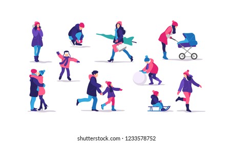 Winter Time. Happy People Walking And Performing Outdoor Activities. Vector Illustration.