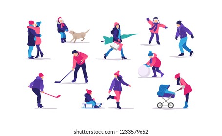 Winter time. Happy people walking and performing outdoor activities. Vector illustration.