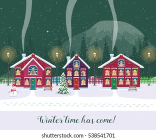 Winter time has come. Postcard with pretty houses in the snow. Decorated Christmas elements.
