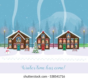 Winter time has come. Postcard with pretty houses in the snow. Decorated Christmas elements.