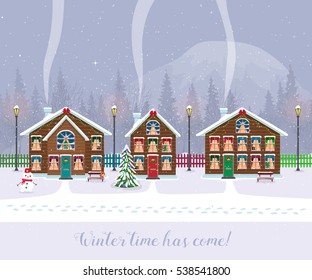 Winter time has come. Postcard with pretty houses in the snow. Decorated Christmas elements.