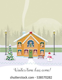 Winter time has come. Postcard with pretty houses in the snow. Decorated Christmas elements.
