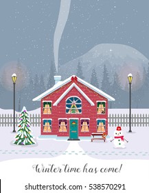 Winter time has come. Postcard with pretty houses in the snow. Decorated Christmas elements.
