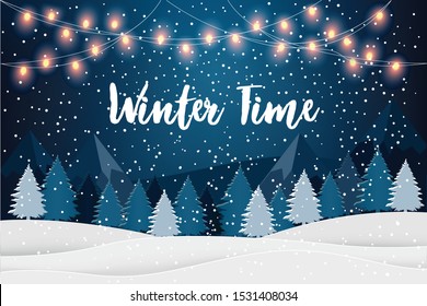 Winter Time. Holiday winter landscape for new year holidays with firs, light garlands, falling snow. Christmas vector background.