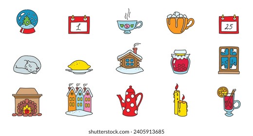 Winter time icon set. Doodle illustrations of winter cozy symbols such as coffee cup, marshmallows, candle, fireplace etc. isolated on a white background. Vector 10 EPS.